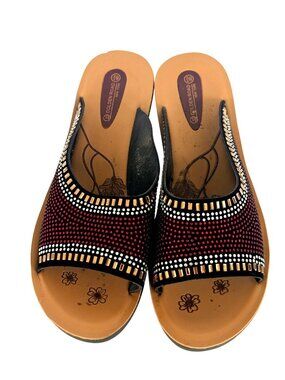 Golden Road Rhinestone Embellished Slide Wedge Sandals Size 8.5 Black Gold Red